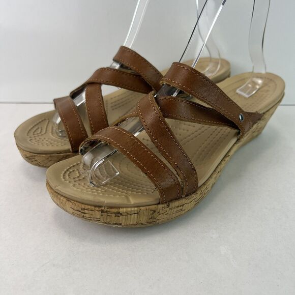 Crocs Women's A-leigh Sandal Size 9 Crisscross Wedge Slide Brown AS IS - Picture 1 of 9